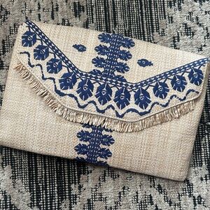 Stella & Dot Tan Clutch with Blue Embroidery